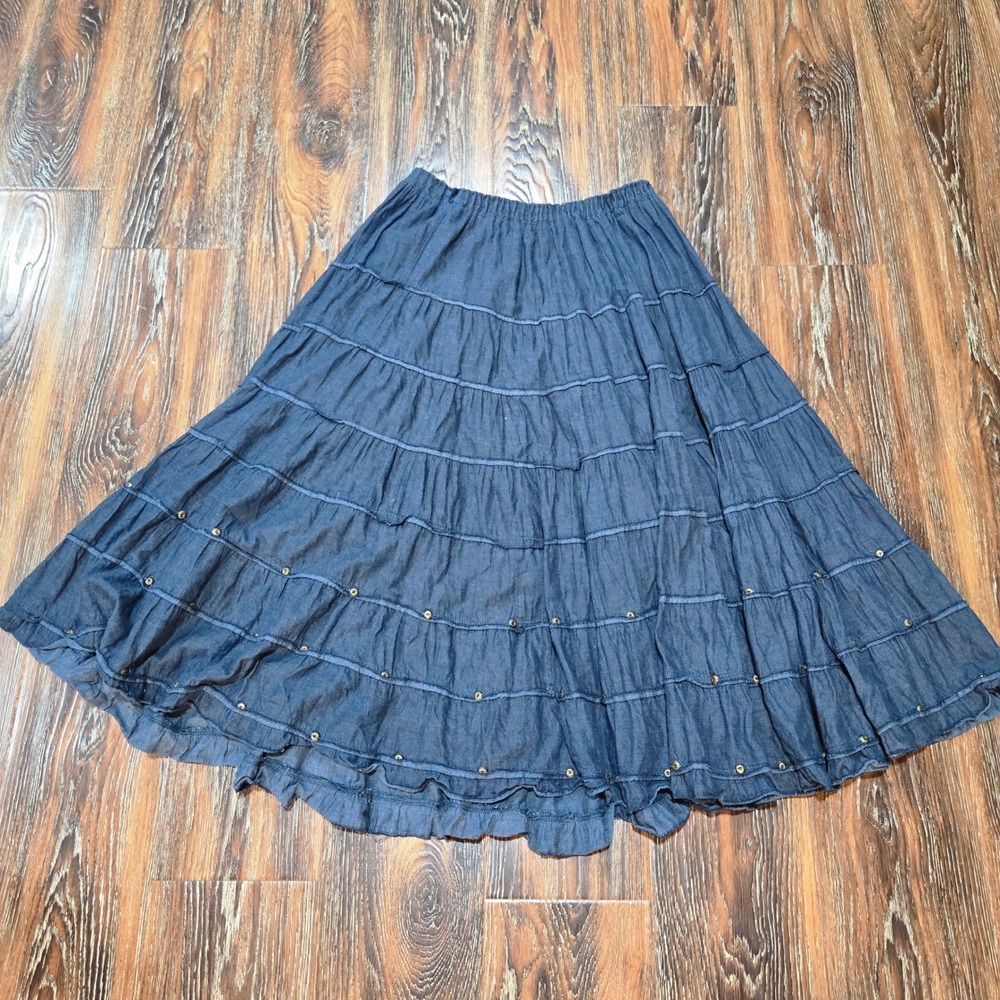 Multiples PL Tiered Maxi Skirt Womens Navy Blue Beaded Cotton Crinkle Boho